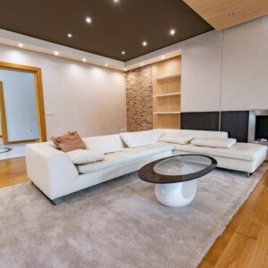 Spacious, modern living room with minimalist decor and elegant furnishings.