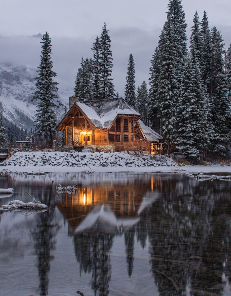wooden house near pine trees and pond coated with snow during daytime