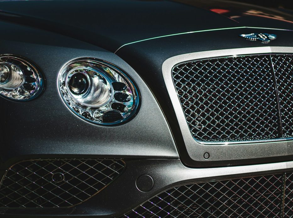 a close up of the front of a black car